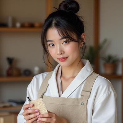 若手職人、田中美咲が現代的なテキスタイルパターンをデザインする姿