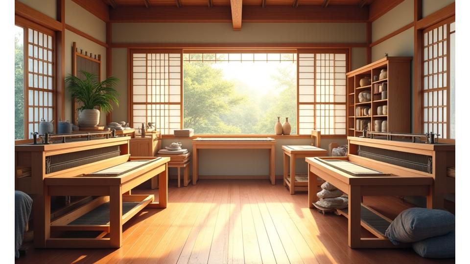 Ami Weaverの光あふれる工房内部、複数の織機と天然素材