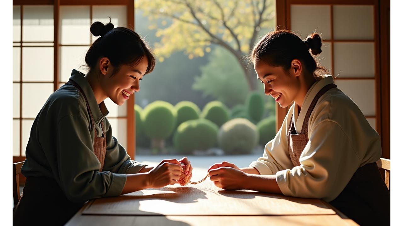 京都の伝統的な工房で職人と観光客が一緒に伝統的な手織り体験をしている様子。背景には緑豊かな日本庭園が見える。