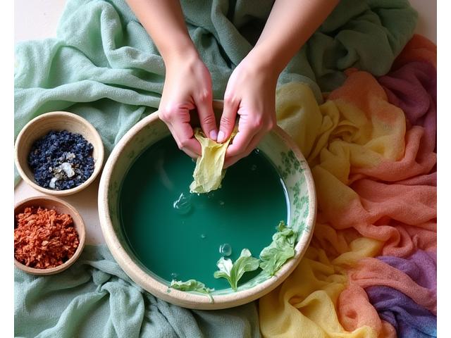 植物の葉や花を使った天然染料で布を染める色鮮やかなプロセス。染められた布が並べられている。