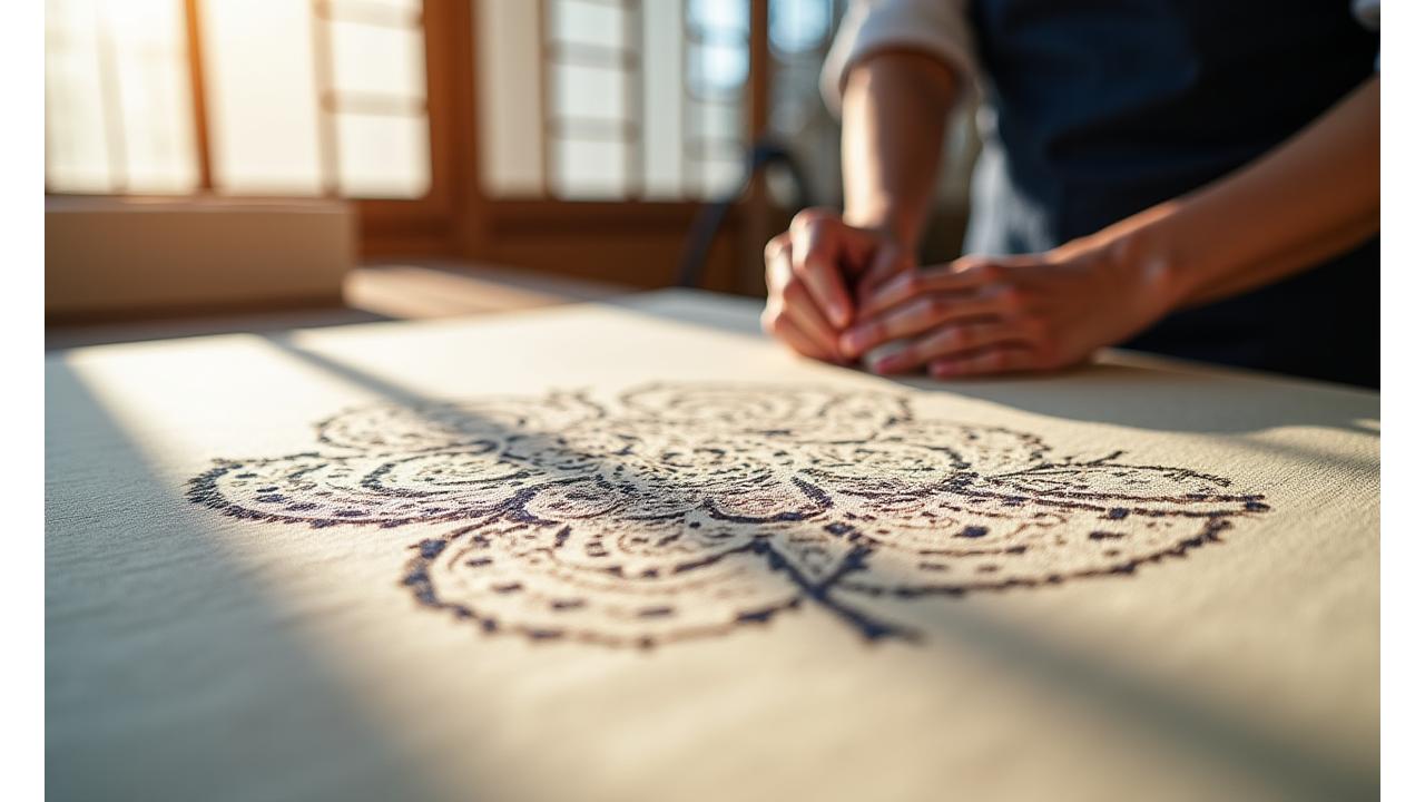 現代的なデザインに織り込まれた伝統的な模様を持つカスタム漁具テキスタイル、光が差し込む工房で展示されている様子