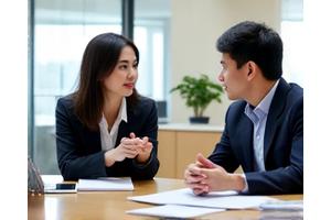 明るい会議室で、様々な資料を広げながら真剣に話し合うコンサルタントとクライアント