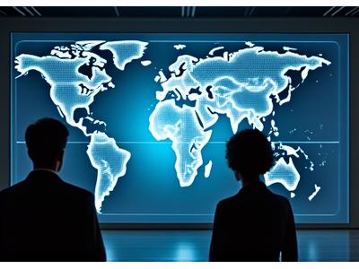 地球儀とサプライチェーンの経路を示すインフォグラフィックが描かれたデジタルディスプレイを真剣に見つめる二人の担当者