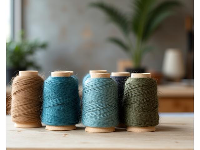 色とりどりのリサイクル繊維の糸巻きが並べられた様子