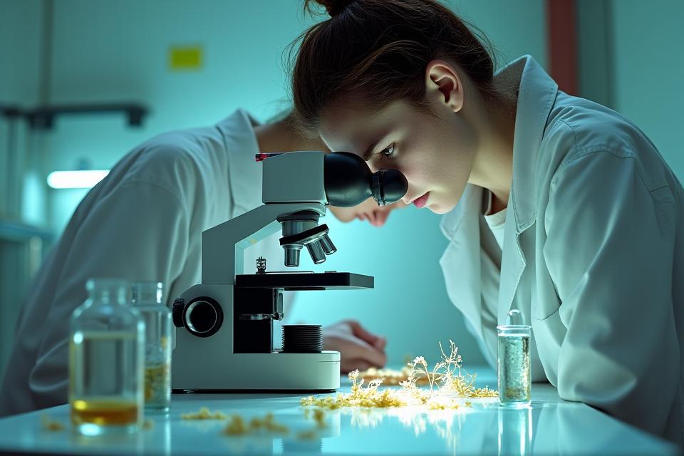 実験室で、顕微鏡を覗きながら新しい繊維素材サンプルを分析する研究者