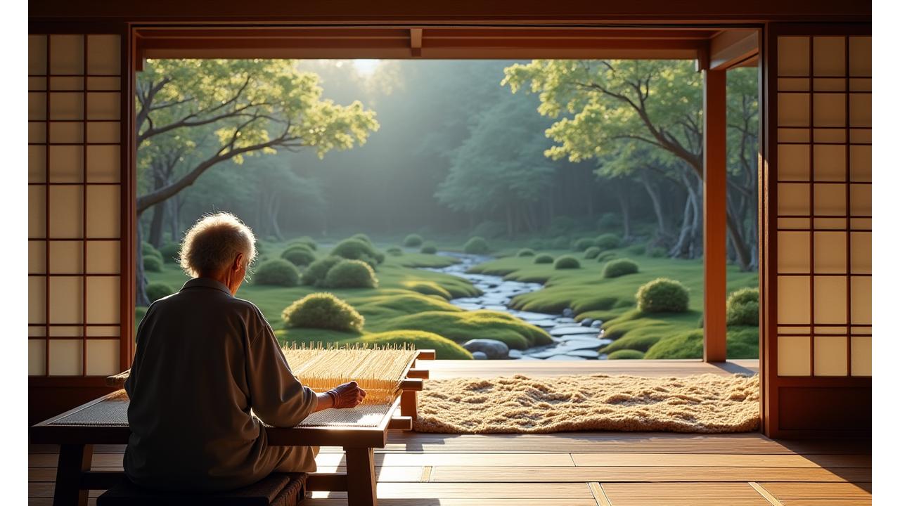 日本の伝統的な木造建築の縁側から見える手入れされた日本庭園と、その庭園で自然素材の布を織る職人の背中