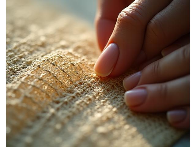 修復士が古い織物を注意深く扱う手元のクローズアップ、繊細な作業への敬意が伝わる。